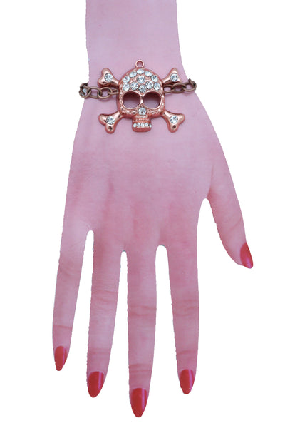 Women Brown Bronze Color Metal Chain Bracelet Fashion Jewelry Skull Charm Cool Stylish Look