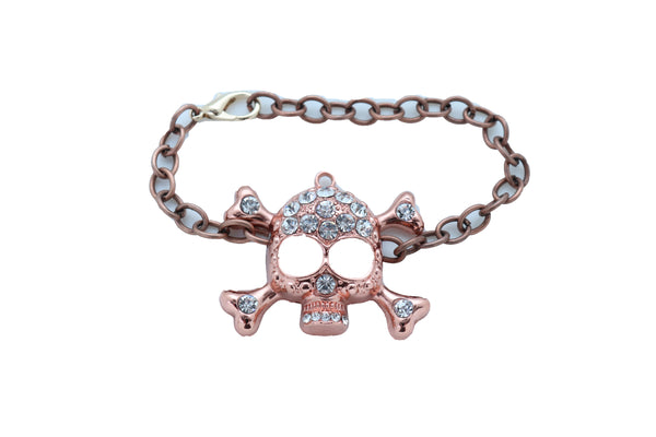 Women Brown Bronze Color Metal Chain Bracelet Fashion Jewelry Skull Charm Cool Stylish Look