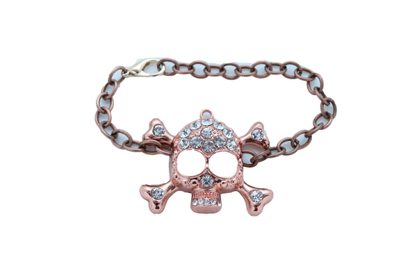 Brand New Women Brown Bronze Color Metal Chain Bracelet Fashion Jewelry Skull Charm Cool