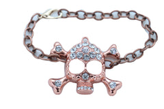 Women Brown Bronze Color Metal Chain Bracelet Skull Charm Cool Stylish Look