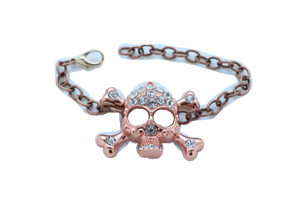Women Brown Bronze Color Metal Chain Bracelet Fashion Jewelry Skull Charm Cool Stylish Look