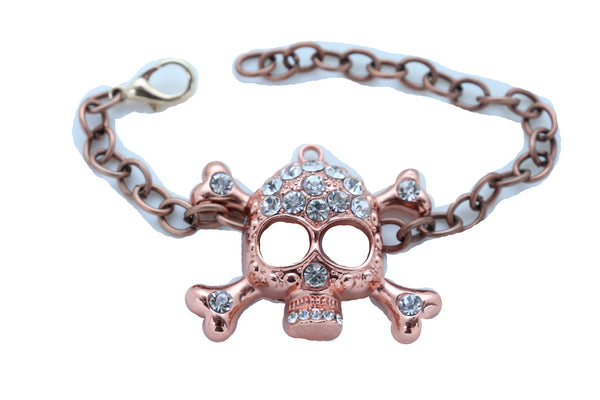 Women Brown Bronze Color Metal Chain Bracelet Fashion Jewelry Skull Charm Cool Stylish Look