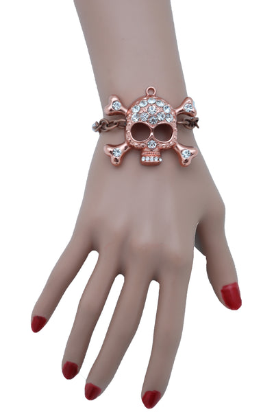 Women Brown Bronze Color Metal Chain Bracelet Fashion Jewelry Skull Charm Cool Stylish Look