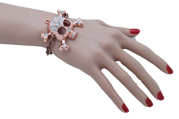 Women Brown Bronze Color Metal Chain Bracelet Fashion Jewelry Skull Charm Cool Stylish Look