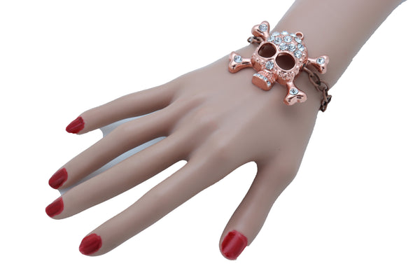 Brand New Women Brown Bronze Color Metal Chain Bracelet Fashion Jewelry Skull Charm Cool