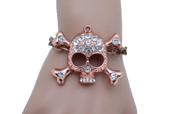 Women Brown Bronze Color Metal Chain Bracelet Fashion Jewelry Skull Charm Cool Stylish Look