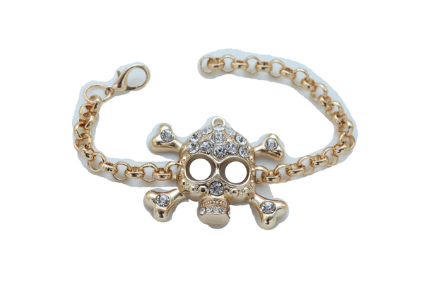 Brand New Women Biker Fashion Bracelet Gold Color Metal Chain Skeleton Skull Charm Jewelry