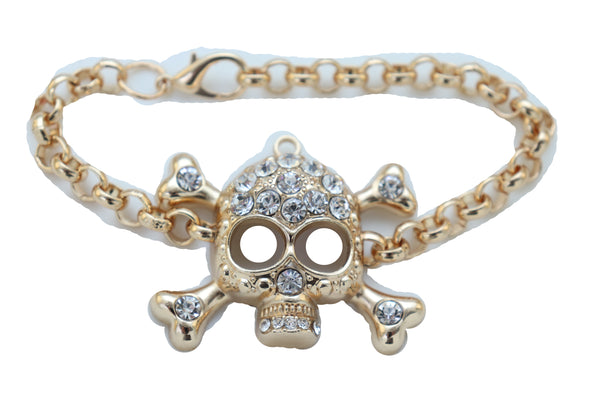 Brand New Women Biker Fashion Bracelet Gold Color Metal Chain Skeleton Skull Charm Jewelry