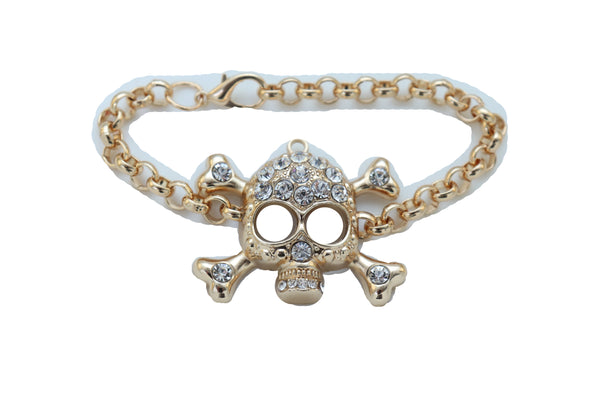 Brand New Women Biker Fashion Bracelet Gold Color Metal Chain Skeleton Skull Charm Jewelry