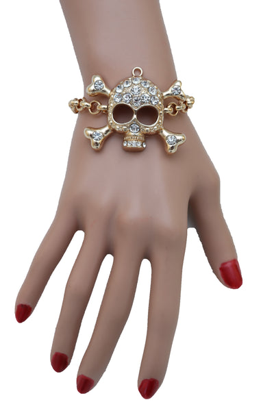Brand New Women Biker Fashion Bracelet Gold Color Metal Chain Skeleton Skull Charm Jewelry