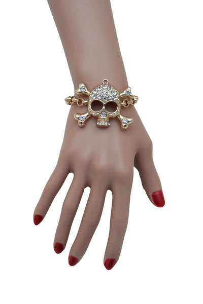 Brand New Women Biker Fashion Bracelet Gold Color Metal Chain Skeleton Skull Charm Jewelry