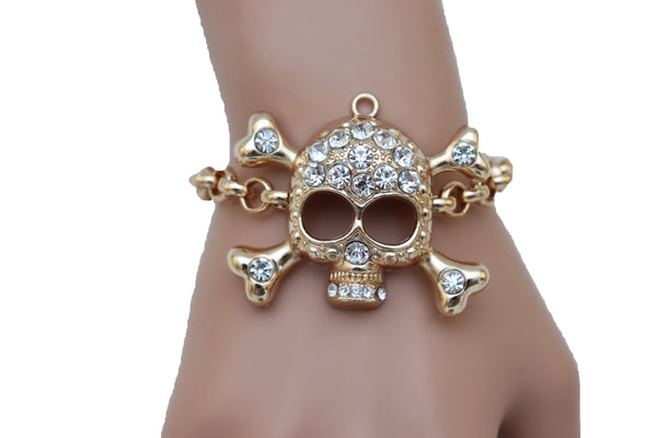 Brand New Women Biker Fashion Bracelet Gold Color Metal Chain Skeleton Skull Charm Jewelry