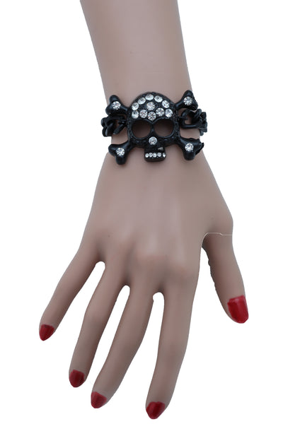 Women Black Metal Chain Bracelet Fashion Jewelry Skeleton Skull Charm Pendant Biker Motorcycle Style