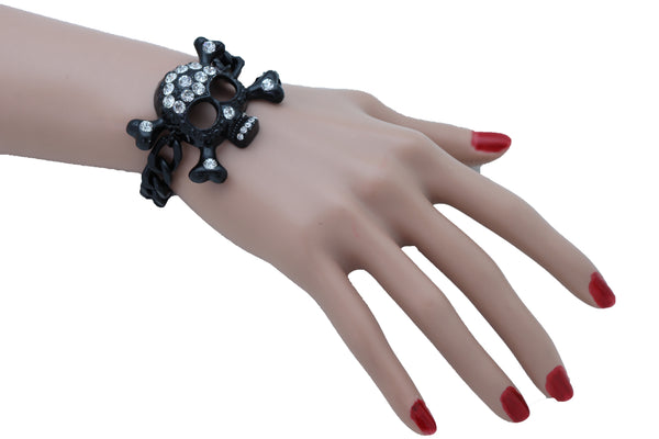 Brand New Women Black Metal Chain Bracelet Fashion Jewelry Skeleton Skull Charm Pendant