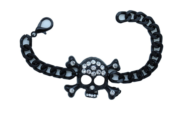 Women Black Metal Chain Bracelet Fashion Jewelry Skeleton Skull Charm Pendant Biker Motorcycle Style