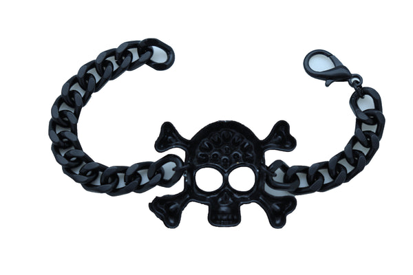 Women Black Metal Chain Bracelet Fashion Jewelry Skeleton Skull Charm Pendant Biker Motorcycle Style