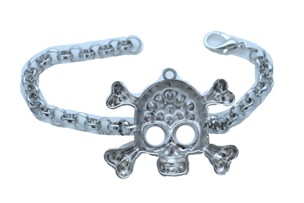Women Bling Jewelry Silver Skull Charm Skeleton Bracelet Metal Chain Gothic Punk Adjustable Size Band