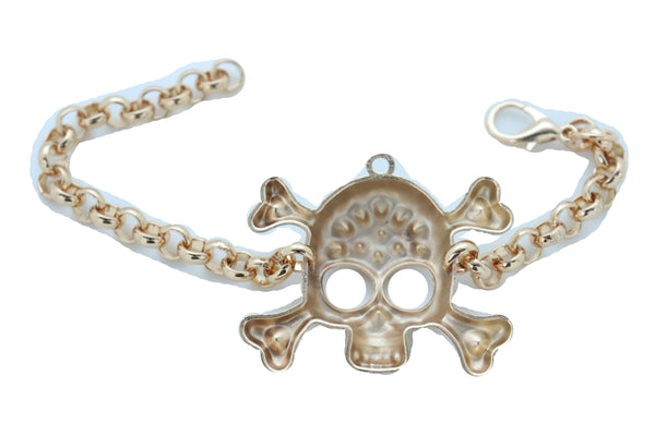 Brand New Women Biker Fashion Bracelet Gold Color Metal Chain Skeleton Skull Charm Jewelry