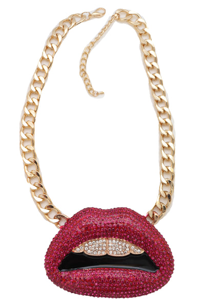 Brand New Women Trendy Fashion Jewelry Necklace Gold Metal Chain Big Kiss Pink Lips Mouth