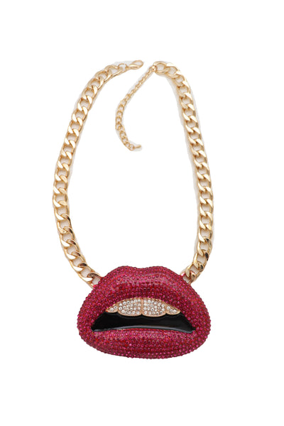Brand New Women Trendy Fashion Jewelry Necklace Gold Metal Chain Big Kiss Pink Lips Mouth