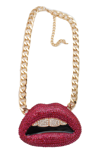 Brand New Women Trendy Fashion Jewelry Necklace Gold Metal Chain Big Kiss Pink Lips Mouth
