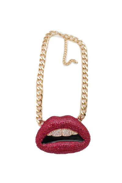 Brand New Women Trendy Fashion Jewelry Necklace Gold Metal Chain Big Kiss Pink Lips Mouth