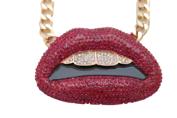 Brand New Women Trendy Fashion Jewelry Necklace Gold Metal Chain Big Kiss Pink Lips Mouth