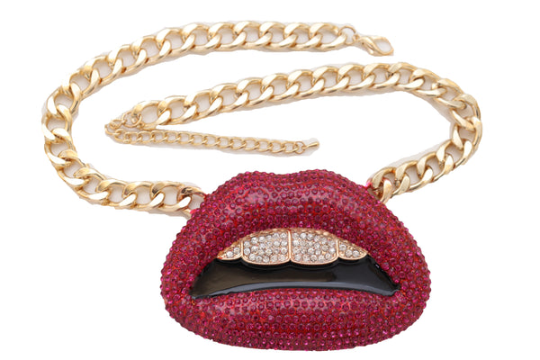 Brand New Women Trendy Fashion Jewelry Necklace Gold Metal Chain Big Kiss Pink Lips Mouth