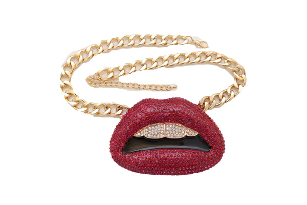 Brand New Women Trendy Fashion Jewelry Necklace Gold Metal Chain Big Kiss Pink Lips Mouth