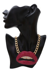 Trendy Necklace Gold Metal Chain Big Kiss Pink Lips Mouth