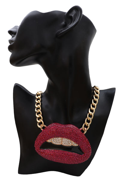 Brand New Women Trendy Fashion Jewelry Necklace Gold Metal Chain Big Kiss Pink Lips Mouth