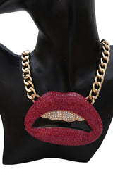 Trendy Necklace Gold Metal Chain Big Kiss Pink Lips Mouth