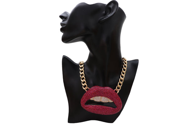 Brand New Women Trendy Fashion Jewelry Necklace Gold Metal Chain Big Kiss Pink Lips Mouth