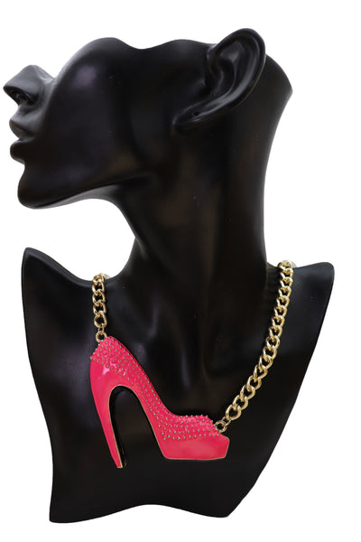 Brand New Women Necklace Gold Metal Chain Bling Fashion Pink Shoe Pump Charm Celebrity