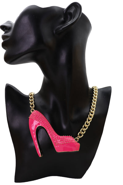 Brand New Women Necklace Gold Metal Chain Bling Fashion Pink Shoe Pump Charm Celebrity