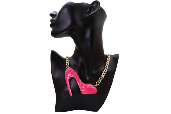 Brand New Women Necklace Gold Metal Chain Bling Fashion Pink Shoe Pump Charm Celebrity