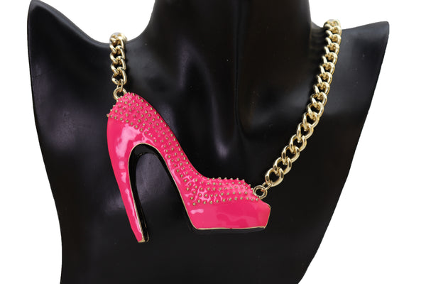 Brand New Women Necklace Gold Metal Chain Bling Fashion Pink Shoe Pump Charm Celebrity