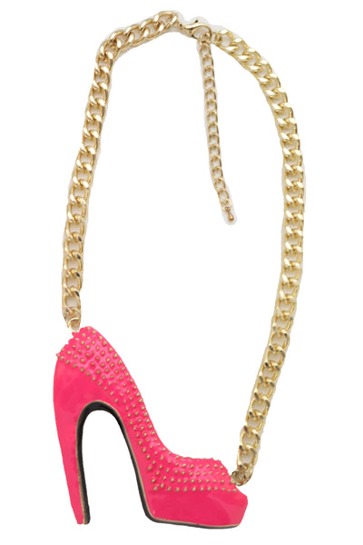 Brand New Women Necklace Gold Metal Chain Bling Fashion Pink Shoe Pump Charm Celebrity