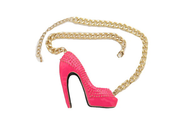 Brand New Women Necklace Gold Metal Chain Bling Fashion Pink Shoe Pump Charm Celebrity