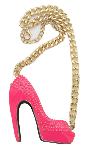 Brand New Women Necklace Gold Metal Chain Bling Fashion Pink Shoe Pump Charm Celebrity