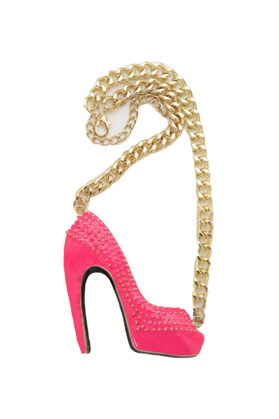 Brand New Women Necklace Gold Metal Chain Bling Fashion Pink Shoe Pump Charm Celebrity