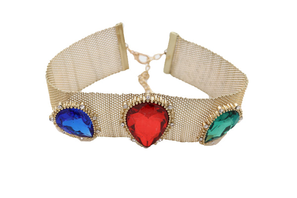 Women Fashion Gold Mesh Metal Choker Wide Band Bling Necklace Red Blue Green Bead Bold Look