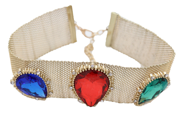Women Fashion Gold Mesh Metal Choker Wide Band Bling Necklace Red Blue Green Bead Bold Look