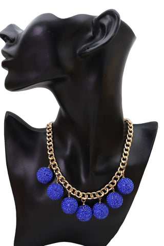 Brand New Women Fashion Jewelry Necklace Gold Metal Chains Bling Blue Disco Balls Charms