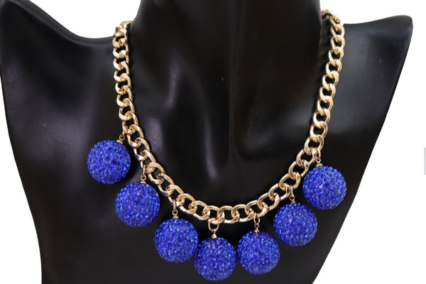 Brand New Women Fashion Jewelry Necklace Gold Metal Chains Bling Blue Disco Balls Charms