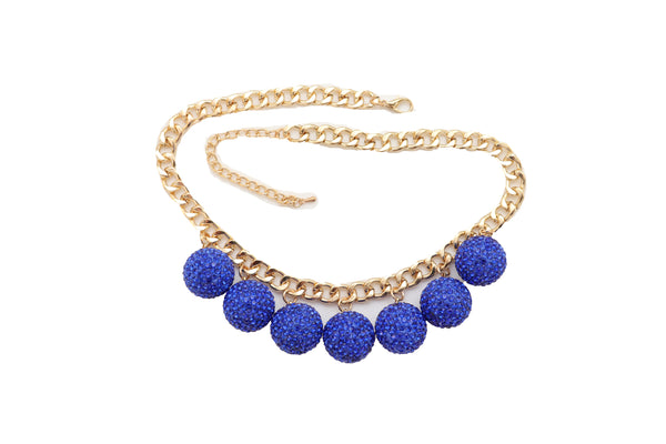 Brand New Women Fashion Jewelry Necklace Gold Metal Chains Bling Blue Disco Balls Charms