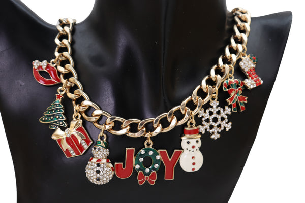 Brand New Women Holidays Fashion Necklace Gold Metal Joy Christmas Tree Gift Snowman Bow Snowflake