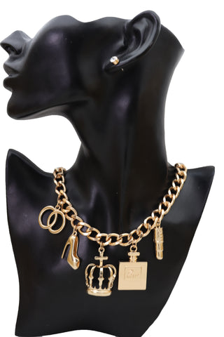 Brand New Sexy Women Necklace Gold Metal Chain Crown Shoe Lipstick Perfume Infinity Charms
