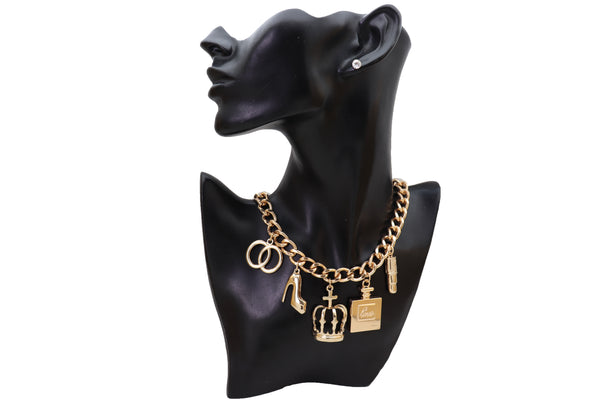 Brand New Sexy Women Necklace Gold Metal Chain Crown Shoe Lipstick Perfume Infinity Charms