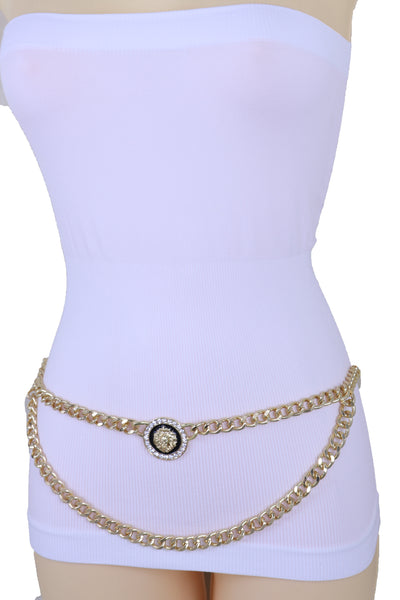 Women Hip High Waist Sexy Fashion Belt Gold Metal Chain Lion Charm Buckle Fits Sizes M L XL